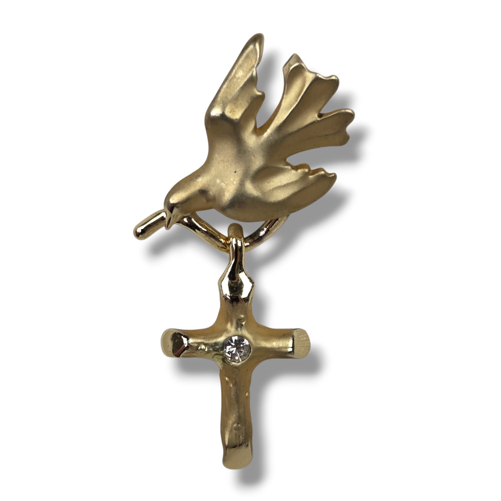 Vintage Giusti Gold Tone Dove Peace Cross Pin Brooch Christian Religious Dangle